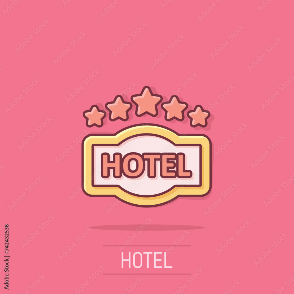 Hotel 5 stars sign icon in comic style. Inn cartoon vector illustration on isolated background. Hostel room information splash effect business concept.