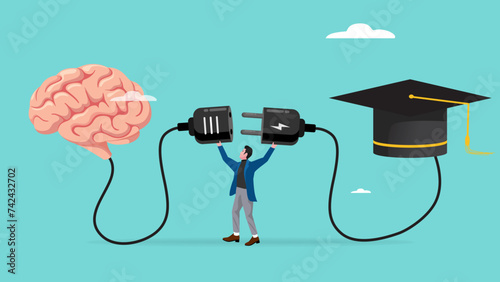 getting higher education with knowledge or science, man connect plug with human brain to graduation cap concept vector illustration