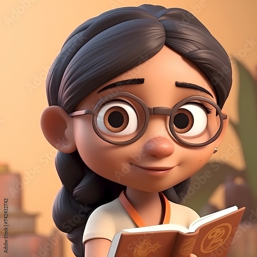 Girl reading a book in a 3d illustration of a cartoon character