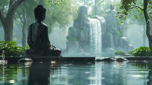 A serene Buddha statue sits in contemplation  overlooking a misty  tranquil waterfall surrounded by lush greenery in a peaceful garden setting.