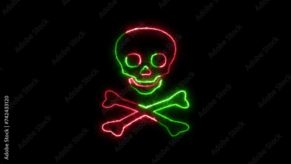 Skull and crossbones icon neon fire green red color animation in black background Skull and crossbones icon neon fire green red color animation in black background