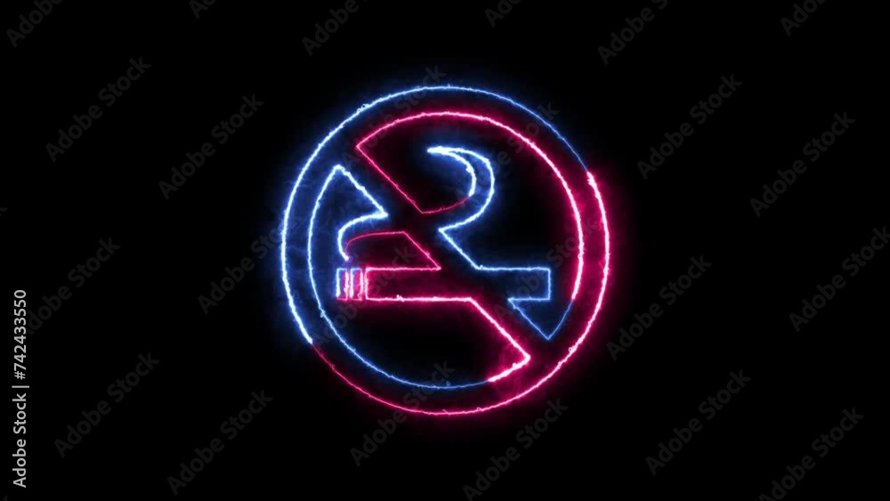 Smoking ban icon neon fire blue pink color animation black background Smoking ban icon neon fire blue pink color animation black background