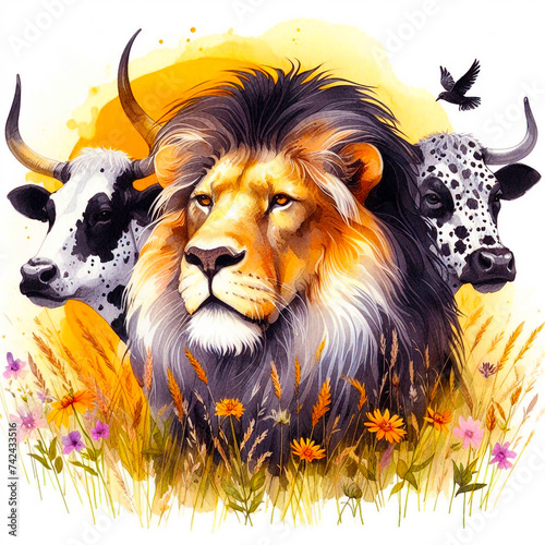 lion with cow photo