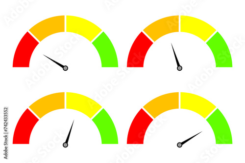 Speedometer with color scale and different needle readings. Measure, speed, temperature, fast, slow, hot, cold, loading, upload, download, intensity, bandwidth, frequency. Vector illustration photo