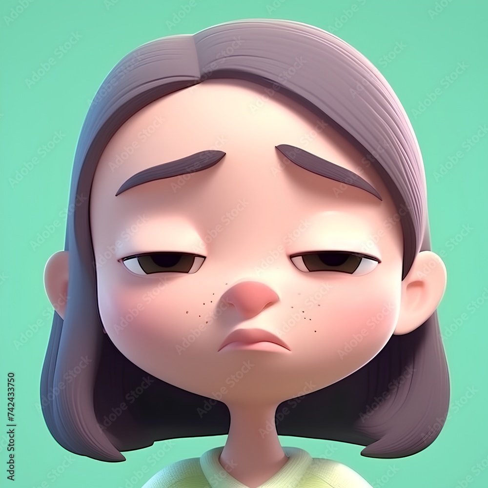 Girl with sad expression on her face, 3d render illustration.