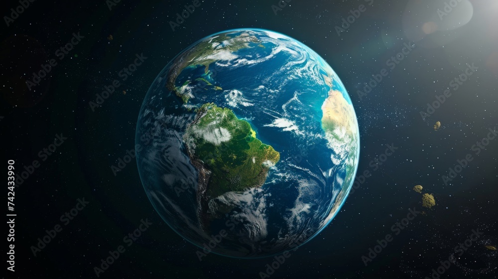 Earth from space, showcasing the blue oceans, green and brown land masses, and white clouds, highlighting the planet's diverse ecosystems Earth from space, showcasing the blue oceans, green and brown land masses, and white clouds, highlighting the planet's diverse ecosystems