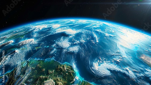 Earth from space, showcasing the blue oceans, green and brown land masses, and white clouds, highlighting the planet's diverse ecosystems photo