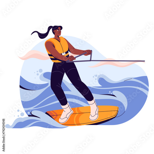 Wakeboarding. Girl stands on board, holds rope pulled by boat. Woman in life jacket rides, surfing on waves. Extreme activity, water sport with tricks. Flat isolated vector illustration on white