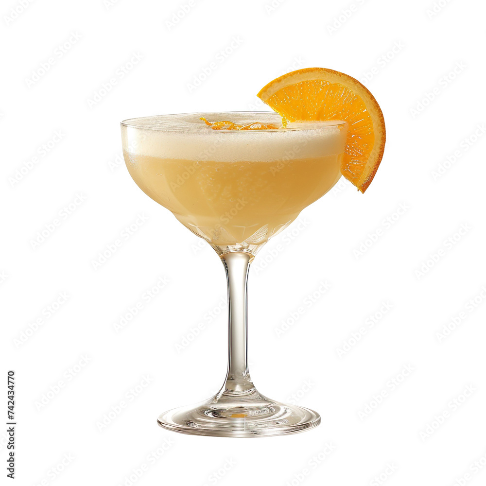 Extreme front view of an Orange Blossom Gin Fizz cocktail in a coupe glass isolated on a white transparent background Extreme front view of an Orange Blossom Gin Fizz cocktail in a coupe glass isolated on a white transparent background