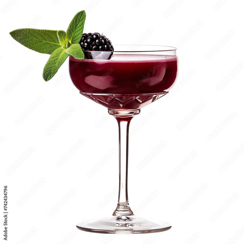Extreme front view of a Blackberry Sage Gin Fizz cocktail in a coupe glass isolated on a white transparent background Extreme front view of a Blackberry Sage Gin Fizz cocktail in a coupe glass isolated on a white transparent background