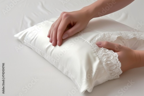 gentle hands positioning a lacetrimmed pillowcase on a white pillow