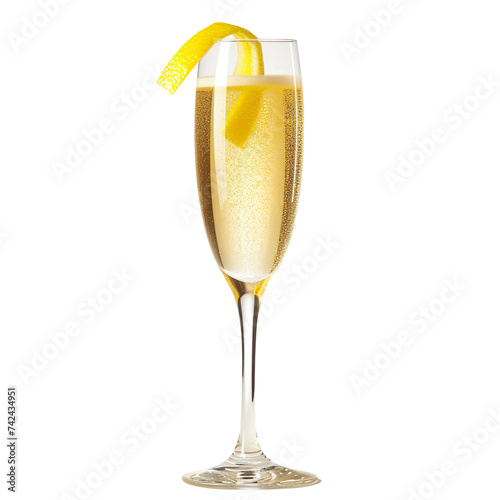 Extreme front view of a French 75 in a champagne flute isolated on a white transparent background.