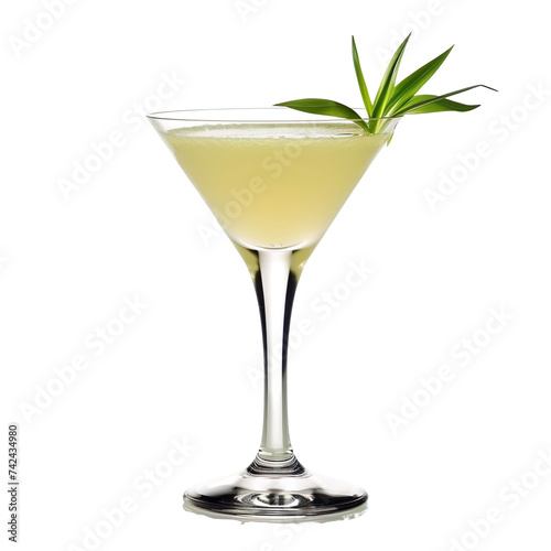Extreme front view of a Ginger Lemongrass Martini cocktail in a martini glass isolated on a white transparent background