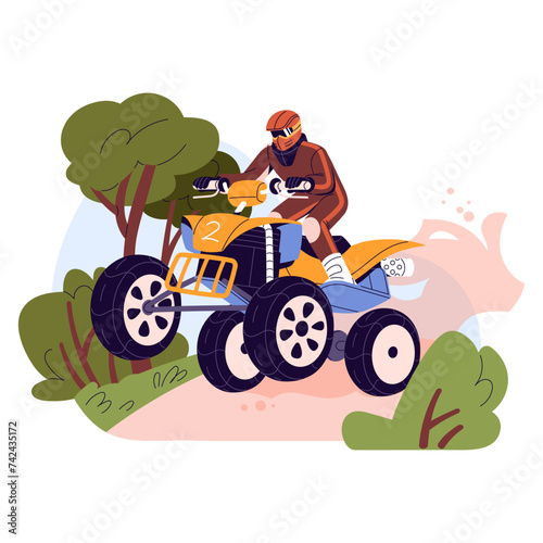 Quad bike racing on mud, gravel track. Racer in helmet rides on atv in enduro competition. Rider drives off road vehicle. Extreme activity, motor sport. Flat isolated vector illustration on white