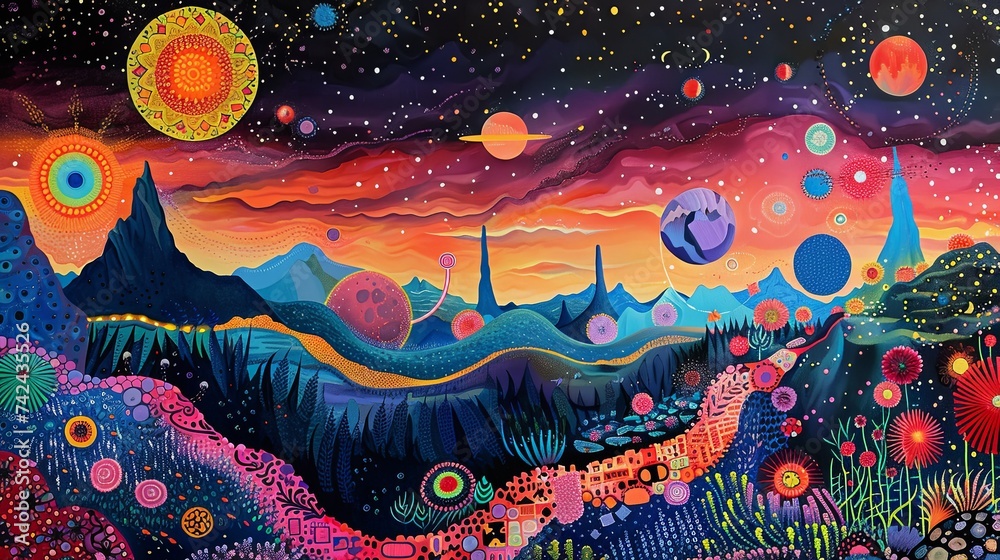 A vibrant, psychedelic landscape painting, featuring a surreal blend of mountains, floral patterns, and celestial bodies in a dreamlike composition.