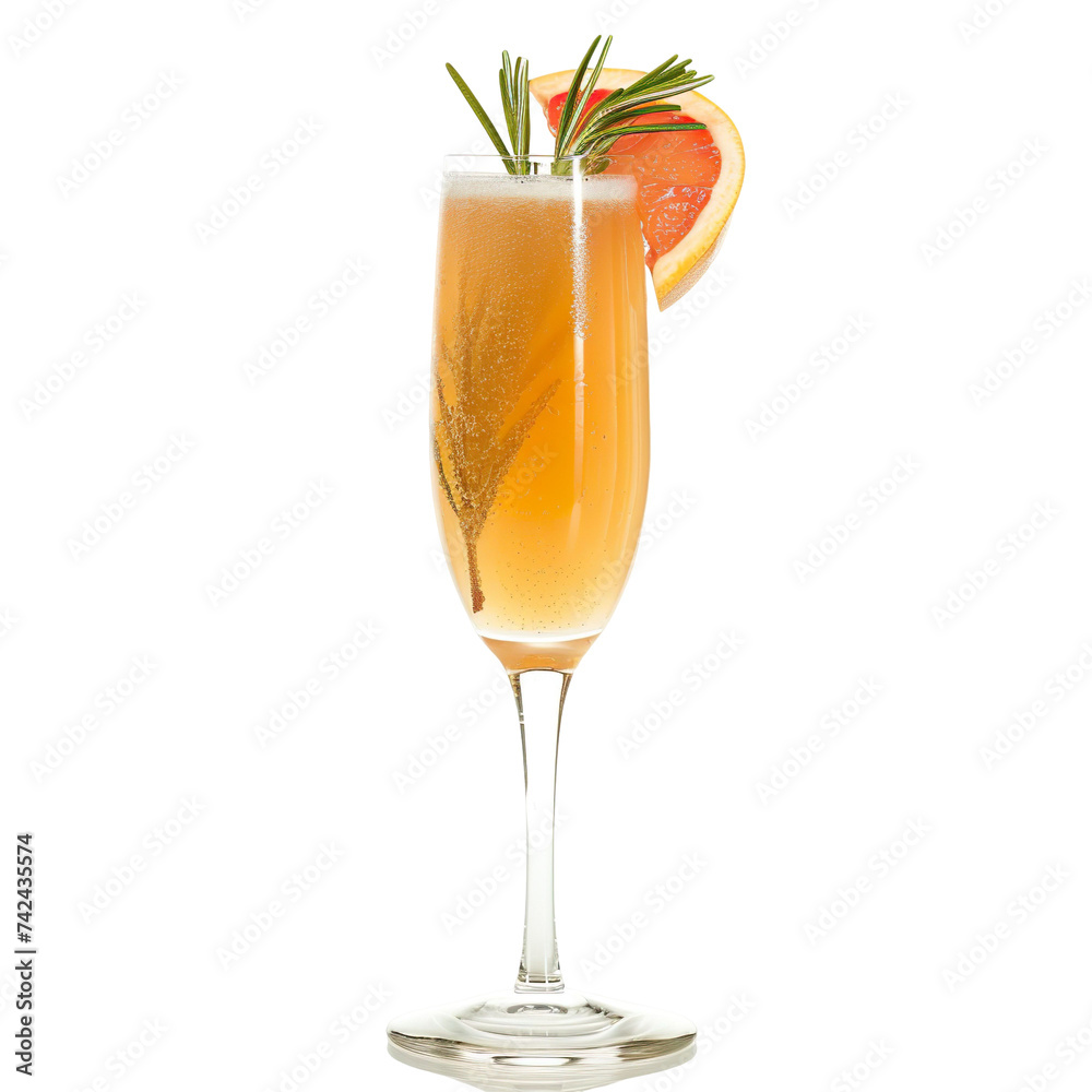 Extreme front view of a Rosemary Grapefruit Sparkler cocktail in a champagne flute isolated on a white transparent background Extreme front view of a Rosemary Grapefruit Sparkler cocktail in a champagne flute isolated on a white transparent background