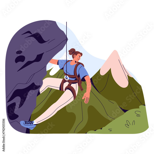 Alpinist climbing on rock, top of mountain. Climber hanging on belaying rope. Girl scrambling on cliff. Mountaineering sport, alpinism. Extreme activity. Flat isolated vector illustration on white