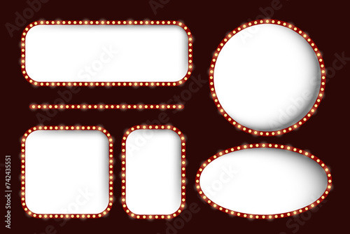 Lightboxes of different shapes. Empty white background, retro light bulbs. Cinema, show, shine, frame, advertising, backlight, attract attention, bright, festive, carnival. Vector illustration