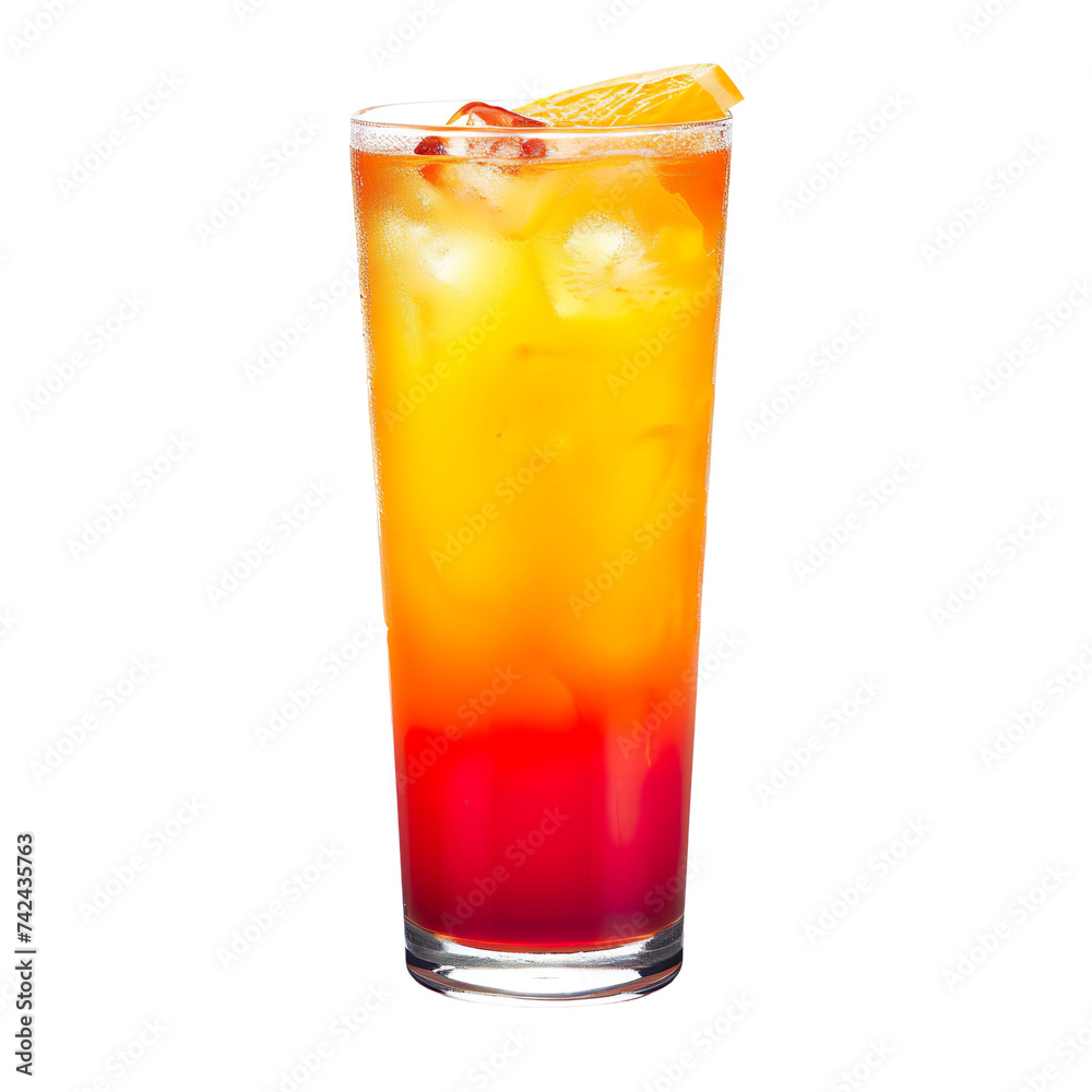 Extreme front view of a Tequila Sunrise in a highball glass isolated on a white transparent background Extreme front view of a Tequila Sunrise in a highball glass isolated on a white transparent background