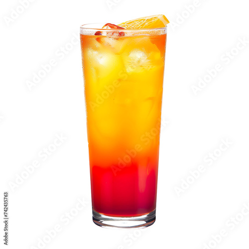 Extreme front view of a Tequila Sunrise in a highball glass isolated on a white transparent background