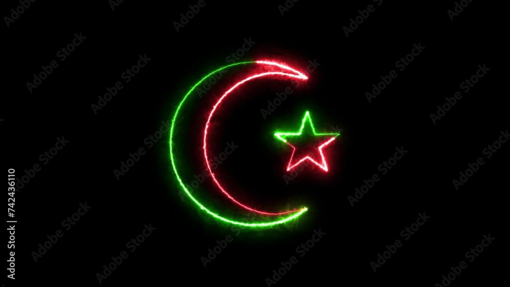 Star and crescent icon neon fire green red color animation in black background Star and crescent icon neon fire green red color animation in black background
