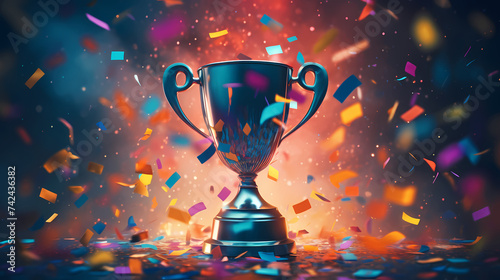 Golden trophy winner cup with blurred background and copy space