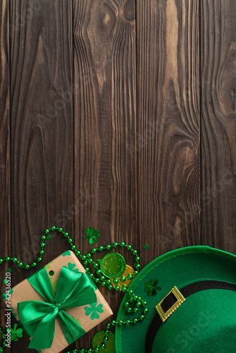 Whimsical St. Patrick's display from vertical top view, including shamrocks, pixie's hat, lucky coins, boxed surprises, bead garlands, and confetti, on a green canvas, with a spot for message photo