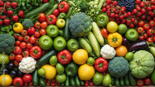 A colorful array of fresh fruits and vegetables  including red tomatoes  green apples  yellow lemons  and leafy greens  arranged neatly to create a visually appealing pattern that highlights the diver