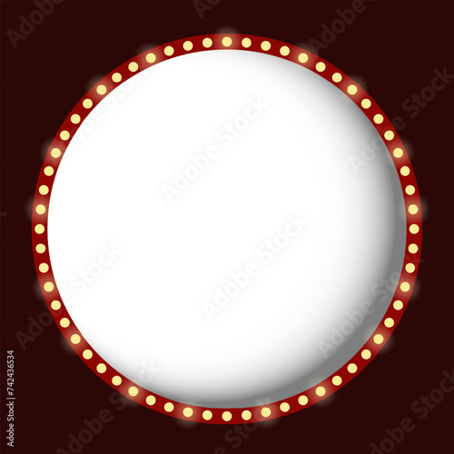 Round lightbox. Empty white background, retro light bulbs. Cinema, show, shine, frame, advertising, backlight, attract attention, bright, festive, carnival. Vector illustration