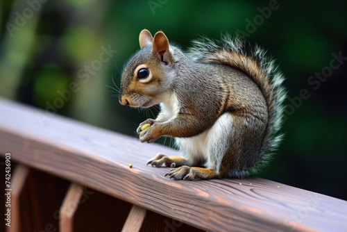 squirrel paused with pistachio on wooden railing