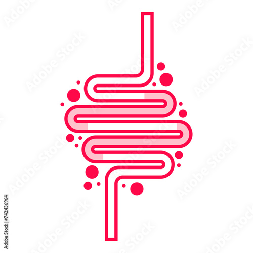 Pink intestine with bubbles. Gut, digestion, digest food, gastrointestinal tract, gastroenterology, bacteria, esophagus, large, small, bloating, colic, gas, poisoning, indigestion, infection. Vector