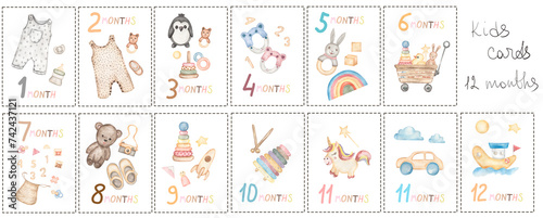 Baby milestone cards with hand-drawn watercolor kids toys illustrations and numbers. Newborn 1 to 12 months anniversary cards set