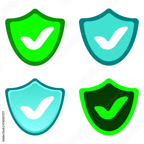 Checkmarks on shields. Tick, protection, antivirus, private data, personal information, confidential, defend, green, blue, hacking, unauthorized access. Vector illustration