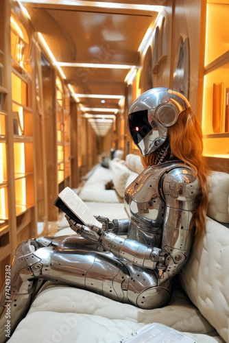 Humanoid robot reading a book in a luxurious interior, suggesting advanced AI and leisure.