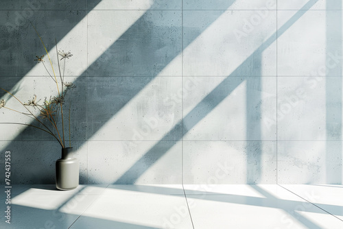 White grey interior with geometric window shadows and plant in vase . Empty wall with mockup.
