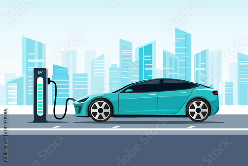 Green energy technology concept. Electric car charge battery in charging station. vector illustration design.