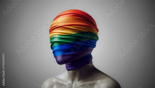 Portrait of an anonymous figure shrouded in the rainbow flag, representing the LGBTQIA+ community's resilience in the face of suppression and the quest for self expression