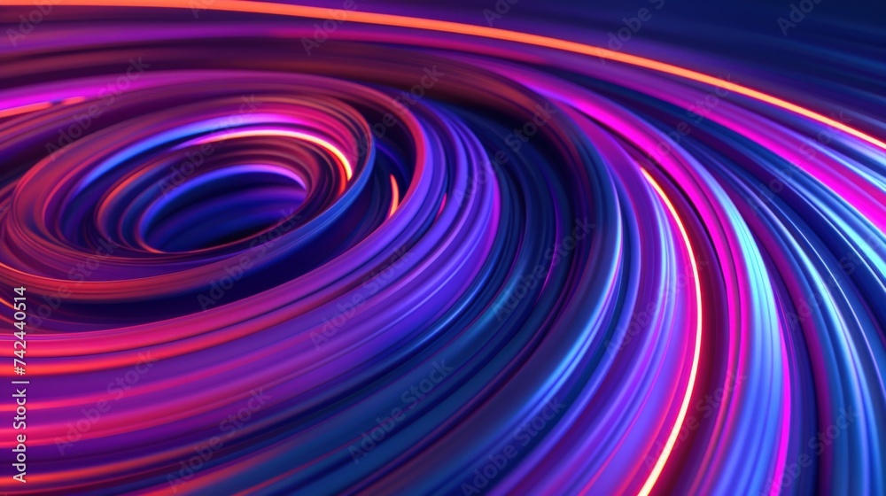 Neon glowing lines, waves, circles. Bright, purple, abstract background for advertising music, radio, speed, technology. Neon glowing lines, waves, circles. Bright, purple, abstract background for advertising music, radio, speed, technology.