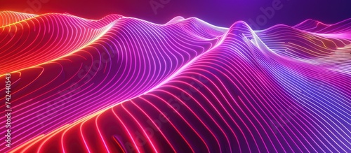 Neon glowing lines, waves, circles. Bright, purple, abstract background for advertising music, radio, speed, technology.