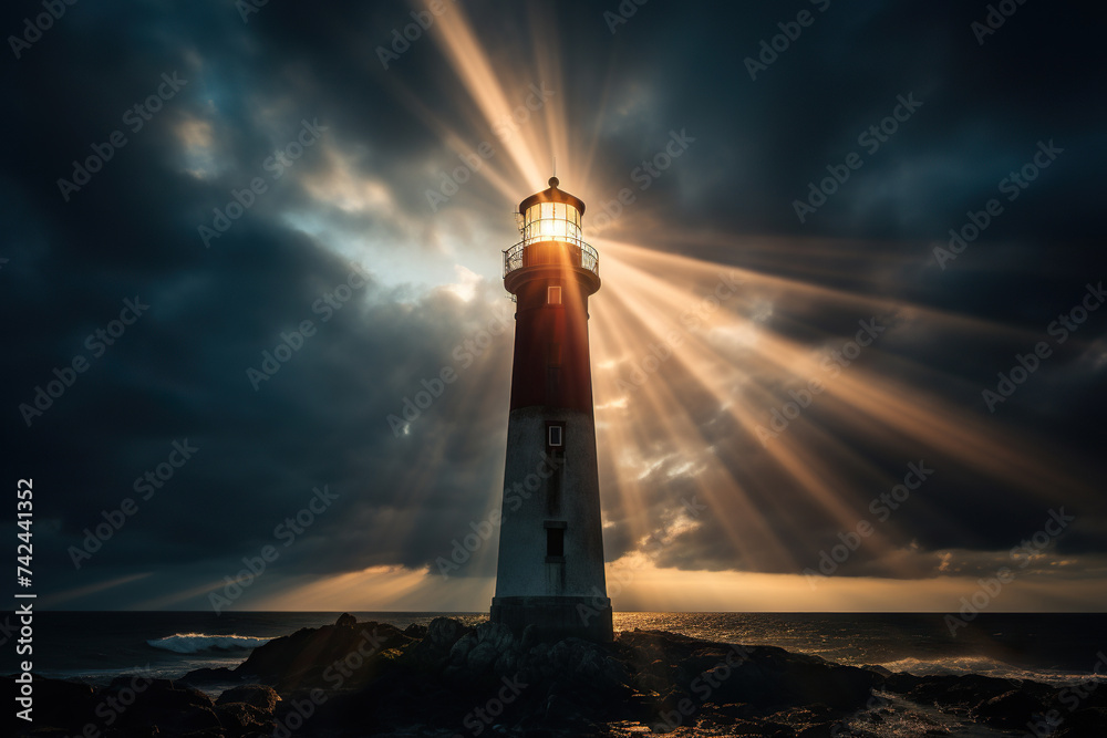 Lighthouse on the island in the bright rays of sunset or dawn. Generated by artificial intelligence