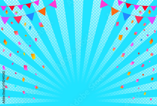 お祝いイベントフレーム 背景素材 飾り枠 集中線 ガーランド バルーン 紙吹雪 キャンペーン フェア 割引 特典 行楽 バースデー メッセージカード
