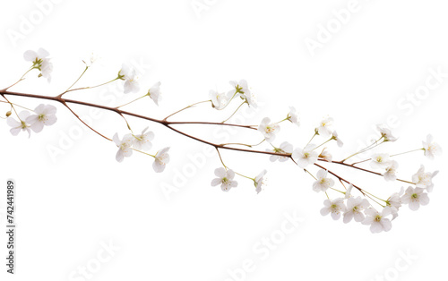 A close up photo showing a branch adorned with white flowers on a White or Clear Surface PNG Transparent Background.