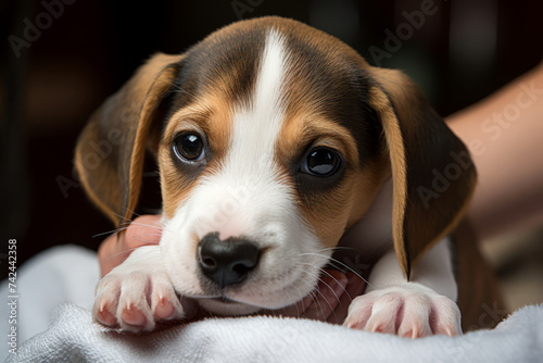 Close-up of a cute Beagle puppy looking up with soulful eyes, evoking tenderness and care..