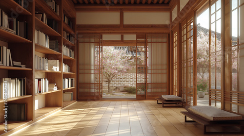 A study room with bookshelves inside a traditional Korean house