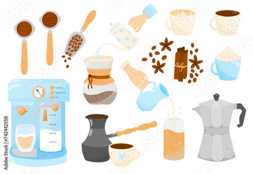 Coffee set of vector illutrations. Coffee brewing types