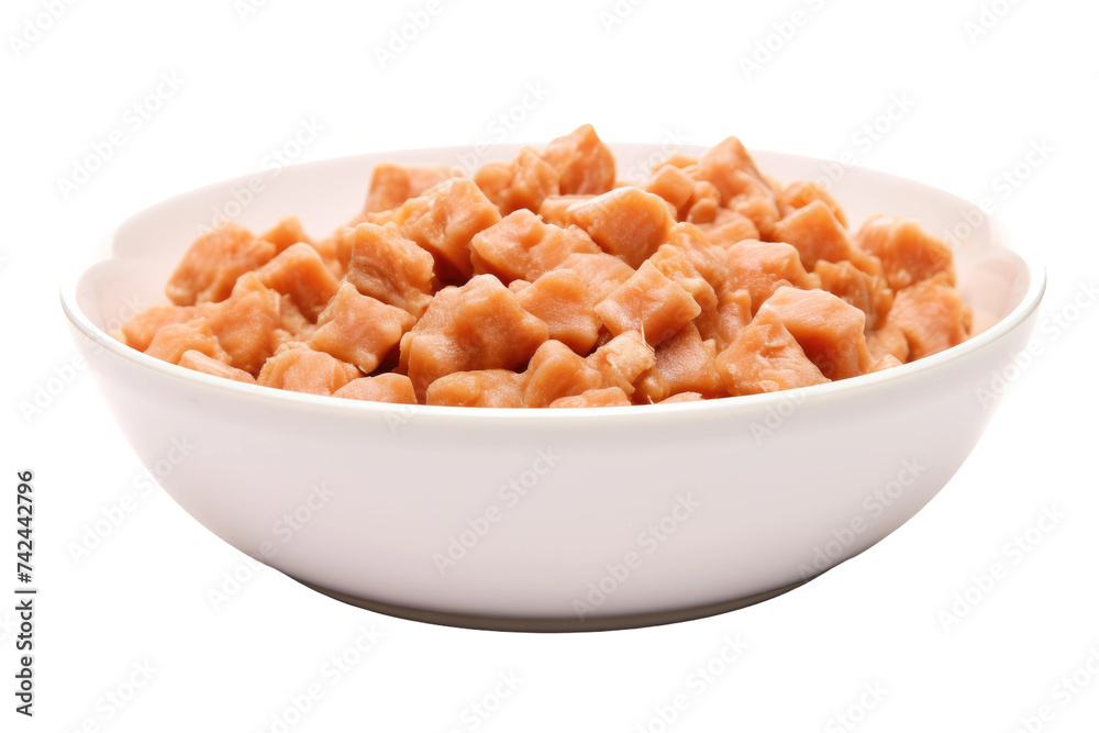 A white bowl filled with food is placed on top of a white table. on a White or Clear Surface PNG Transparent Background.