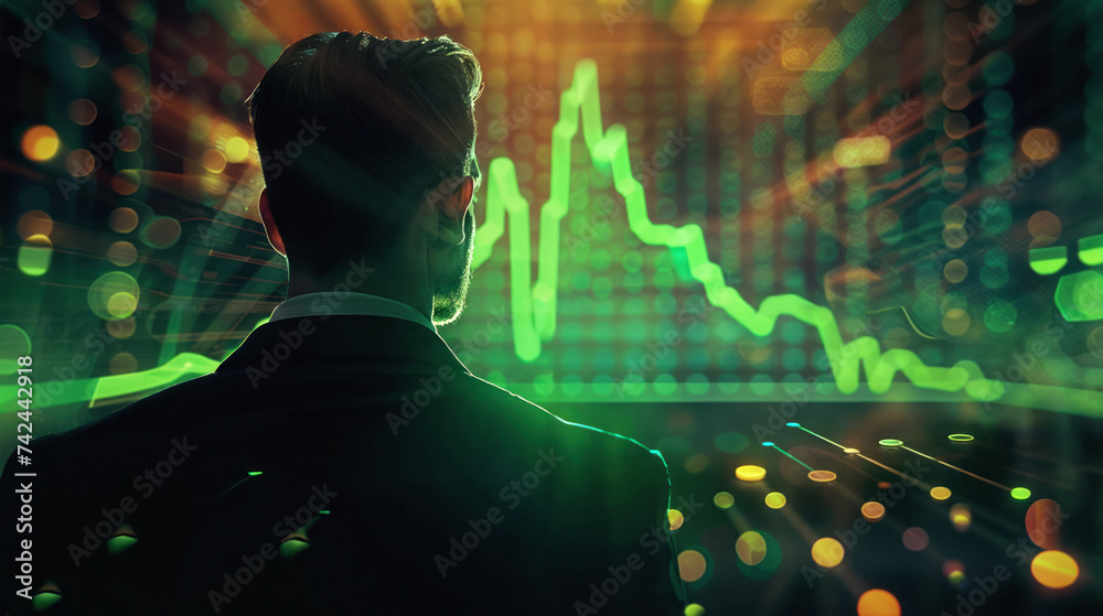 Businessman stands in front of a graph. Analyzing financial growth and strategy for corporate success with confidence and leadership in the modern digital era Businessman stands in front of a graph. Analyzing financial growth and strategy for corporate success with confidence and leadership in the modern digital era