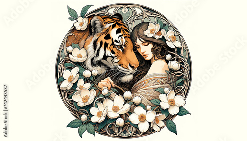 tiger and women in Art Nouveau design