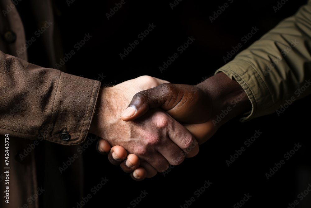 Two hands engaged in a firm handshake, symbolizing diversity and partnership, isolated on black.. Two hands engaged in a firm handshake, symbolizing diversity and partnership, isolated on black..