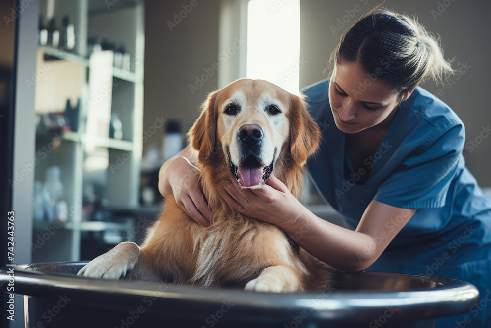 A dedicated veterinarian in a clinic attentively examines a cooperative Golden Retriever, ensuring its health and well-being..